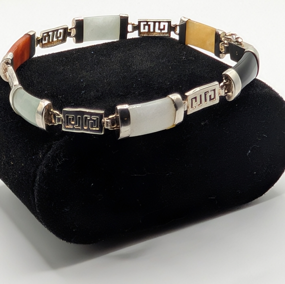 Vintage Chinese 925 Sterling Silver Muti-Color Jade & Chinese GOOD luck Bracelet - Picture 15 of 15